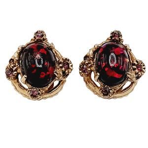Vintage 1950s Red Confetti Cabochon Clip Earrings Purple Rhinestones